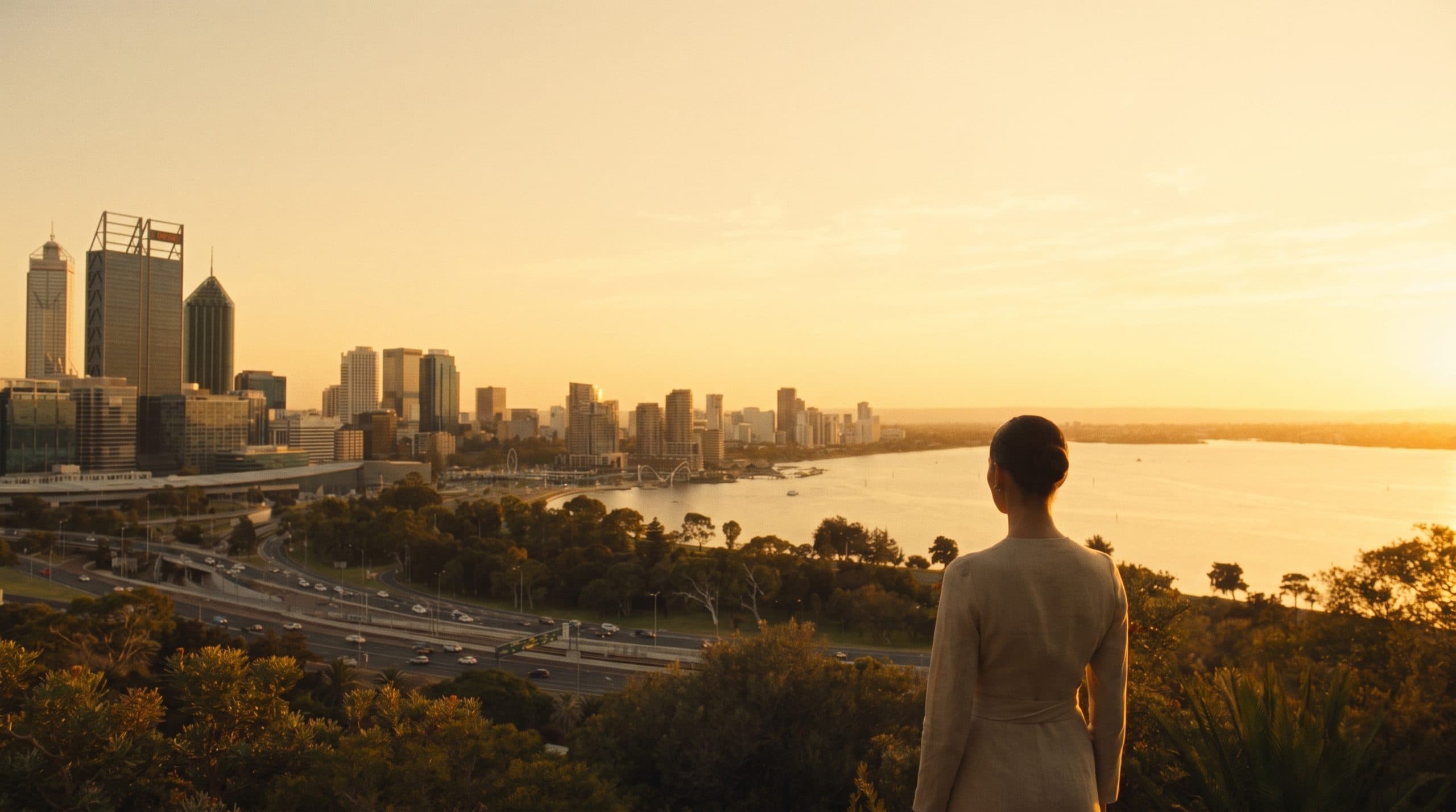 Warm evening light over Perth and the Swan River